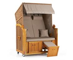 Hoberg Sedia da spiaggia a 2 posti, con ruote, con schienale regolabile, poggiapiedi estraibile, cuscino, 2 tavoli pieghevoli e 2 tasche, ideale per giardino e terrazza, in legno duro e polietilene