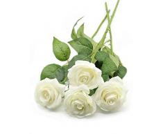 Derbway 4PCS Fiore di Seta di Rose Artificiali, Stelo Singolo Rosa Finta Tocco Reale Bouquet di Fiori per la Festa, Matrimonio, Casa, Arredamento Hotel (Bianca)