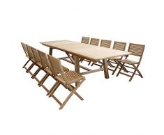 Set Tavolo e sedie da Giardino per Esterno in Legno Resistente di Teak cm.220/300 x 100 x 77 h con 10 sedute