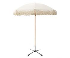 Ø 200CM Beige Ombrellone Da Esterno Giardino Rotondo Con Frangia, Palo In Legno Di Faggio, Parasole Da Spiaggia Da Balcone Da Terrazzo, Portatile