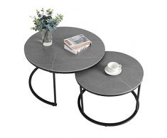 FATIVO Tavolino da Salotto Rotondo: Set 2 Tavolini Sovrapponibili Soggiorno Caffè Moderno Tavolinetto Basso Tondo in Metallo Marmo Pietra Sinterizzata, Grigio, Grande 80cm Piccolo 60cm