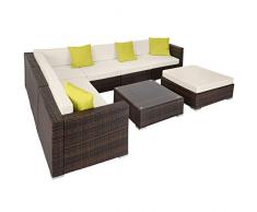 TecTake 800892 Set da Salotto in Polyrattan, Telaio in Alluminio, Poltrone + Cuscini + Poggiapiedi + Tavolo con Ripiano in Vetro, Adatto per Giardino Terrazza Salone (Nero/Marrone)