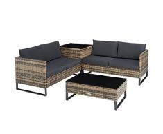 TecTake 800959 - Set di mobili da giardino in polyrattan, 4 pezzi, con divano, tavolo e scatola portaoggetti, tavolo con piano in vetro (naturale)