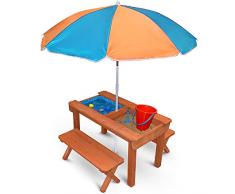 Funhobby Italia Srl Tavolo sabbiera in Legno Picnic Gioco Doppio scompartimento Sabbia e Acqua Incluso Ombrellone e Panchine