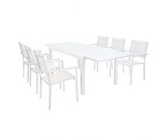 Milani Home s.r.l.s. Set Tavolo Giardino Rettangolare Allungabile 160/240 X 90 Con 6 Poltrone In Alluminio Bianco Da Esterno
