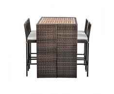 Teamson Home 5 Pezzi Mobili da Giardino in Rattan per Esterni, Tavolo da Pranzo e Sedie da Bar Alto per Giardino dinverno con Piano in Legno e Cuscini Rimovibili