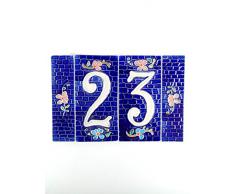 Numeri civici in ceramica,numero civico ceramica blu,tasselli con sfondo a mattoncini,oggetto in ceramica per la casa da esterno nb2 Misure:H 15cm,larghezza totale 22,7cm