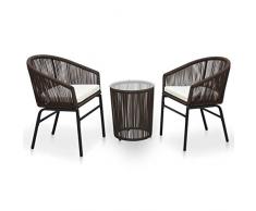 Tidyard Set da Bistro 3 pz con Cuscini in Rattan PVC Marrone,Tavolino Rotondo e 2 Poltrocine in Rattan,Tavolo e Sedie da Giardino per Esterno in Rattan,Mobili da Giardino in Rattan