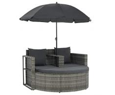 vidaXL Divani Set da Giardino con Parasole in Polyrattan Grigio Salotto Canapè
