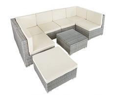 TecTake 800762 Set di Salottino in Rattan, 6 Sedili 1 Sgabello 1 Tavolin con Piano, Resistente alle Intemperie, Viti in Acciaio Inox (Grigio Chiaro)