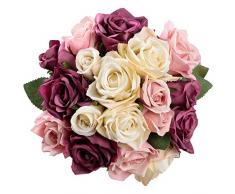 Famibay Fiori Artificiali Rose 18pcs Rose Finte Rosa e Fucsia Bouquet Fiori Seta per Matrimonio Mazzi di Fiore Fai Da Te Composizione Floreale Centrotavola Festa Giardino Casa San Valentino