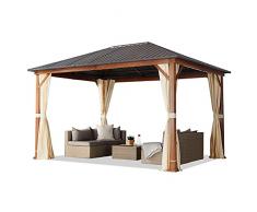 TOOLPORT Gazebo da giardino 3x4 m look legno, tetto Hardtop in acciaio, 4 teli laterali color crema