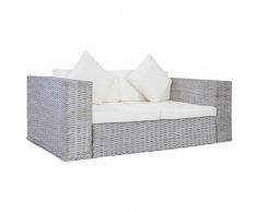 Gecheer Divano a 2 Posti con Cuscini, Divano da Esterno 2 Posti, Divano da Giardino in Rattan con Cuscino, Poltrona da Giardino in Rattan Naturale Grigio, Colore Cucino: Bianco Crema