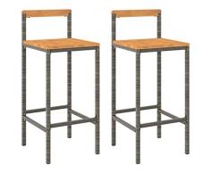 Tidyard Sgabelli da Bar 2 pz,Sgabello da Bar in Rattan,Sgabelli da Pranzo,Sgabello Alto da Cucina,Sedie da Bar Grigio Polyrattan e Legno Massello di Acacia