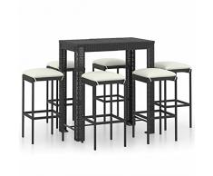 Tidyard Set Bar da Giardino 7 pz con Cuscini in Polyrattan Nero, Set Tavolo e Sedie da Bar Alti da Giardino in Rattan, Set Tavolo e Sedie da Bar in Rattan per Esterno