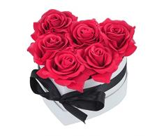 Relaxdays Bouquet Rose Eterne, Box a Cuore, Mazzo 6 Fiori Finti, Idea Regalo Romantica, Scatola Flowerbox, Bianco Rosso, 50% Carta 30% Poliestere 20% Cartone, 12 x 16 x 12 cm
