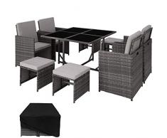 TecTake 800820 Set di Mobili Poli Rattan, 4X Sedie Tavolo 4X Sgabelli, Viti in Acciaio Inox, Arredamento da Giardino, Involucro Protettivo (Grigio)
