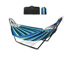Amaca con Supporto, Metallo a Barre, Cotone, Portata 200kg Borsa da Trasporto inclu, Amache da giardino Portatile per Doppia persone Campeggio Interni Balcone Esterno Viaggi Trekking -Blu