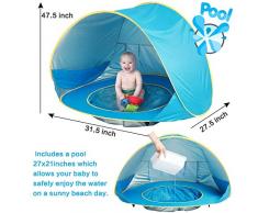 E-MANIS Tenda Spiaggia Bambini,Tende per Bambini Pop Up Tenda con Mini Piscina,Tenda per Neonati Pieghevole Portatile Protezione Solare Anti-UV 50, per Ideale Vacanze in Spiaggia-Blu