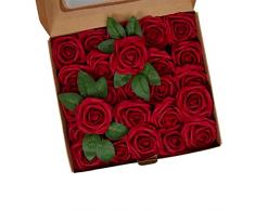Ruiuzioong Fiori Rosa Artificiali 25 Pezzi Rose Finte Schiuma Aspetto Reale con Foglia e Gambo Regolabile per DIY Matrimoni Mazzi Nuziale Festa Casa Stanza Decorazioni (vino rosso, 25 Pezzi)