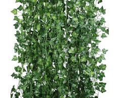 Houda Piante sospese artificiali, 25 metri, edera a foglie verdi, seta, decorazione per cucina, casa, giardino, ufficio, confezione da 12 Green