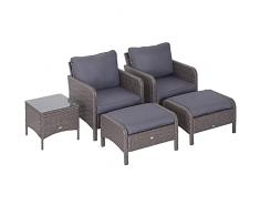 Outsunny Set Mobili da Giardino 2 Poltrone 2 Poggiapiedi 1 Tavolino in Vetro Temperato Rattan Grigio