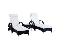 Outsunny Set Mobili da Giardino 2 Sedie a Sdraio e Tavolino 3pz Lettino Prendisole Rotelle Reclinabile Rattan Nero