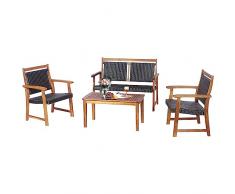 KOMFOTTEU Set di 4 Mobili da Giardino con 2 Poltrone,1 Doppia Sedia e 1 Tavolo, Set da Balcone in Rattan e Legno di Acacia, Sedia da Giardino con Braccioli e Schienale per terrazza, Rosso e Marrone