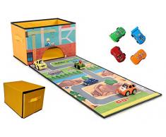 Cesto Per Giocattoli Pieghevole Con Circuito Da Corsa e 4 Macchinine a Molla, Organizzatore Da Gioco Leggerissimo Pieghevole, Box Trasportabile Con Maniglie