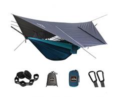AnorTrek Camping Hammock con rete antizanzare e tettoia antipioggia, amaca doppia portatile con due cinghie per albero, amaca in nylon 210T e set di tettoia antipioggia impermeabile per escursioni