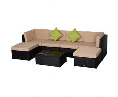 Outsunny Set 7 Pezzi Salotto da Esterni con Poltrona Pouf e Tavolino, Mobili da Giardino in Rattan, Nero e Beige