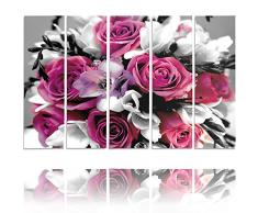 Feeby Frames, Quadro multipannello di 5 pannelli, Quadro su tela, Stampa artistica, Canvas Tipo C, 100x200 cm, MAZZO, FIORI, GLAMOUR, ROSA, BIANCHI, NERO