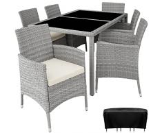 TecTake 800325 Set da giardino in polyrattan, 6+1, Molto pratico, Sedie con piedini in plastica anti-graffio (grigio chiaro/crema)