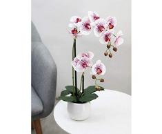 Linea Déco | Orchidea artificiale bianco rosa fucsia | 51 cm | Effetto reale | 2 rami di fiori | Vaso in ceramica bianco | Composizione fiori artificiali | Decorazione per la casa