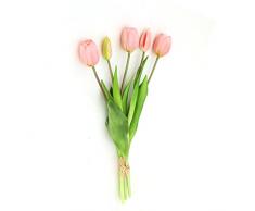 Wpond 5 pezzi Tulipani artificiali 15.7 Pollici Vero Tocco di Gomma Morbida Fiori Artificiali Mazzo di Tulipani per la Casa Giardino Decorazione Festa di Nozze Rosa Chiaro