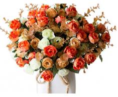 LumenTY Confezione 2 Mazzi di Rose in Seta Artificiale Mazzi di fiori finti Regali Festa Nuziale Cucina Decorazione Casa Ogni Mazzo ha 7 Rami con 21 Boccioli di fiori finti Piante Vintage Champagne