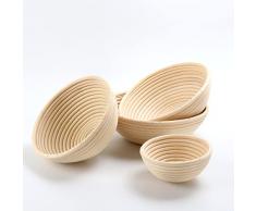 Cestino per la lievitazione del pane, Rotondo 4 pezzi (13 | 20 | 23 | 25 cm) in rattan naturale, per impasto di pane, pizza e pasticceria, con Rivestimento in Lino