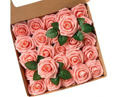 Roqueen 25 Pezzi Fiori Rosa Artificiali Rose Schiuma Finte con Steli per DIY Nozze Nuziale Mazzo Centrotavola Arrangiamenti Festa Bambino Doccia Casa Decorazioni (Rosa)