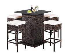 COSTWAY Set Mobili Bar da Giardino in Rattan 5 Pezzi, Tavolo con Spazio d Archiviazione Nascosto, 4 Sgabelli con Cuscini, Angolo Bar da Giardino Cortile Esterno