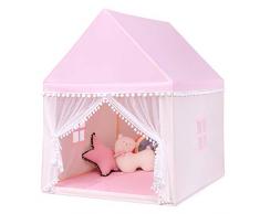 COSTWAY Tenda da Gioco Casetta per Bambini, Castello Giocattolo in Legno Cotone, con Struttura Stabile e Finestre Traspirabili, 105x120x140 cm (Rosa)