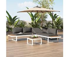 Set salotto da giardino, Mobili da giardino, Gruppo salotto, Lounger, L-Bench, con tavolo, con cuscini, metallo, lino (Bianco)