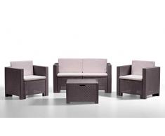 Bica Colorado - Salottino da giardino per 4 persone, Design rattan, Divano 2 posti + 2 Poltrone + Tavolino contenitore, Cuscini inclusi, Marrone