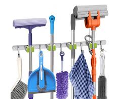 FENOMO Porta Scopa e Mocio Porta Scopa a Parete Porta Scopa in Acciaio Inox Porta Mop Autoadesivo Heavy Duty Ganci Organizzatore di Stoccaggio con 4 Rack 5 Ganci per Casa Giardino Garage Armadio