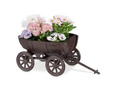 Relaxdays Carriola Porta Fiori, Decorazione da Giardino, Fioriera da Esterno a Mezza Botte, Carretto Portavasi, Marrone