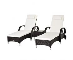 Outsunny Set Mobili da Giardino 2 Sdraio e Tavolino Lettino Prendisole Reclinabile con Rotelle Rattan Marrone