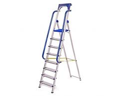 Scala Secure 8 gradini robusta, alluminio rinforzato, corrimano, vaschetta portautensili rimovibile, altezza piattaforma 182 cm, portata 150 kg, Hostrom