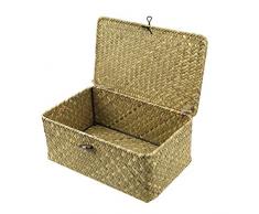 LIOOBO Cestino portaoggetti in Rattan Cesto portaoggetti Intrecciato a Mano con Coperchio per Ripiani e cestini per la casa - Taglia S (Colore Originale)