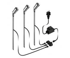 Lampada LED da giardino con picchetto interrabile da Parlat (set di 3 lampade con ciascuna 1 x Power-LED di tonalitá bianco, in alluminio effetto cromato, IP44, ruotabile e orientabile, da esterno, 230V)