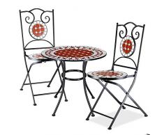 BAKAJI Set Tavolo Tavolino 60 x 70 cm + 2 Sedie Pieghevoli con Decorazione Mosaico Arredo Esterno Giardino Terrazzo Struttura in Metallo Colore Nero Decoro in Terracotta Bianco e Rosso