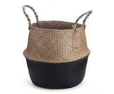 DOKOT Cesto Vimini Naturale Seagrass con Manico Ceste per Piante Cestini Portaoggetti Cesti Portabiancheria per Bagno (45 x 36 cm, Nero)